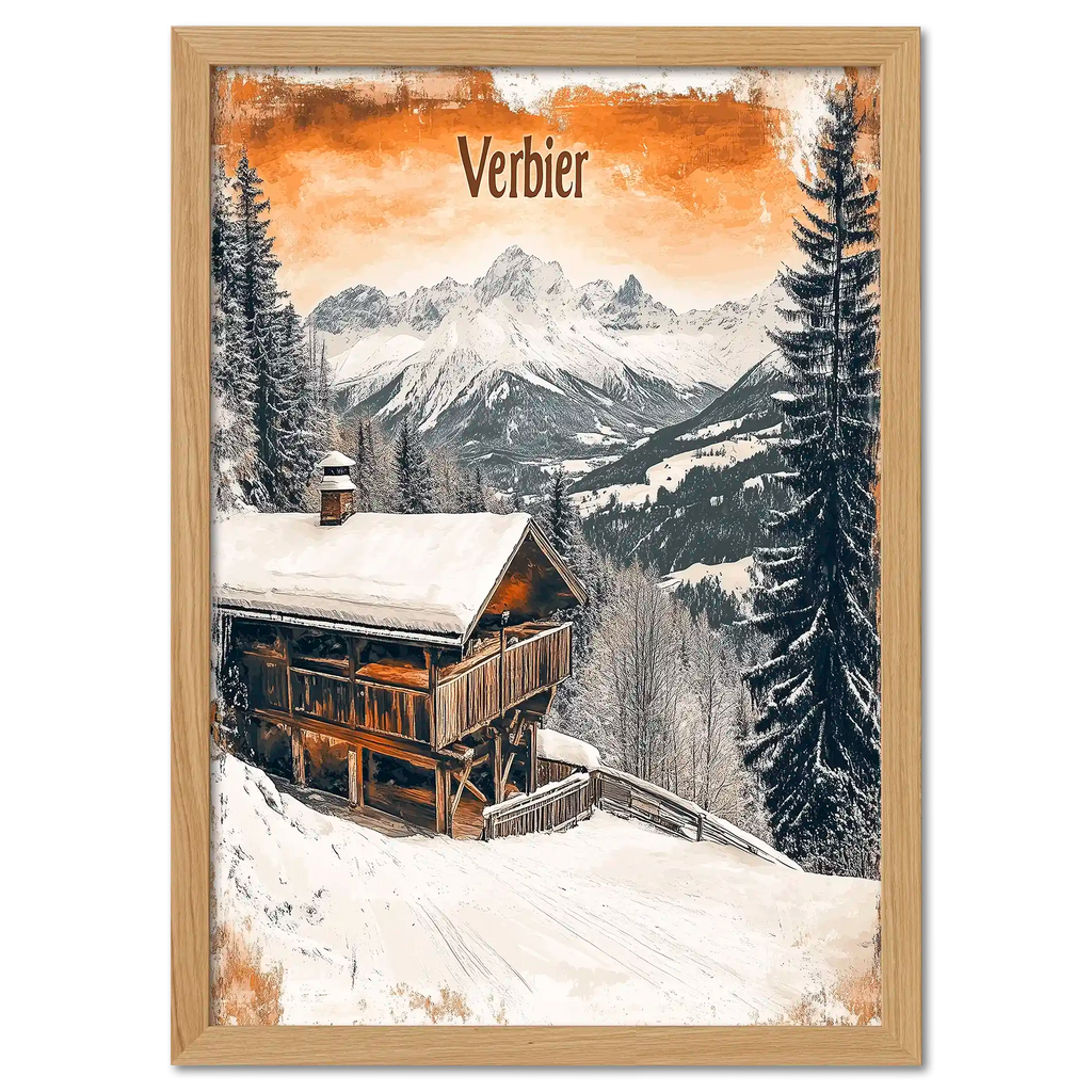 Verbier - Winter Retreat - Poster featuring a snowy chalet with mountains in the background and warm light.