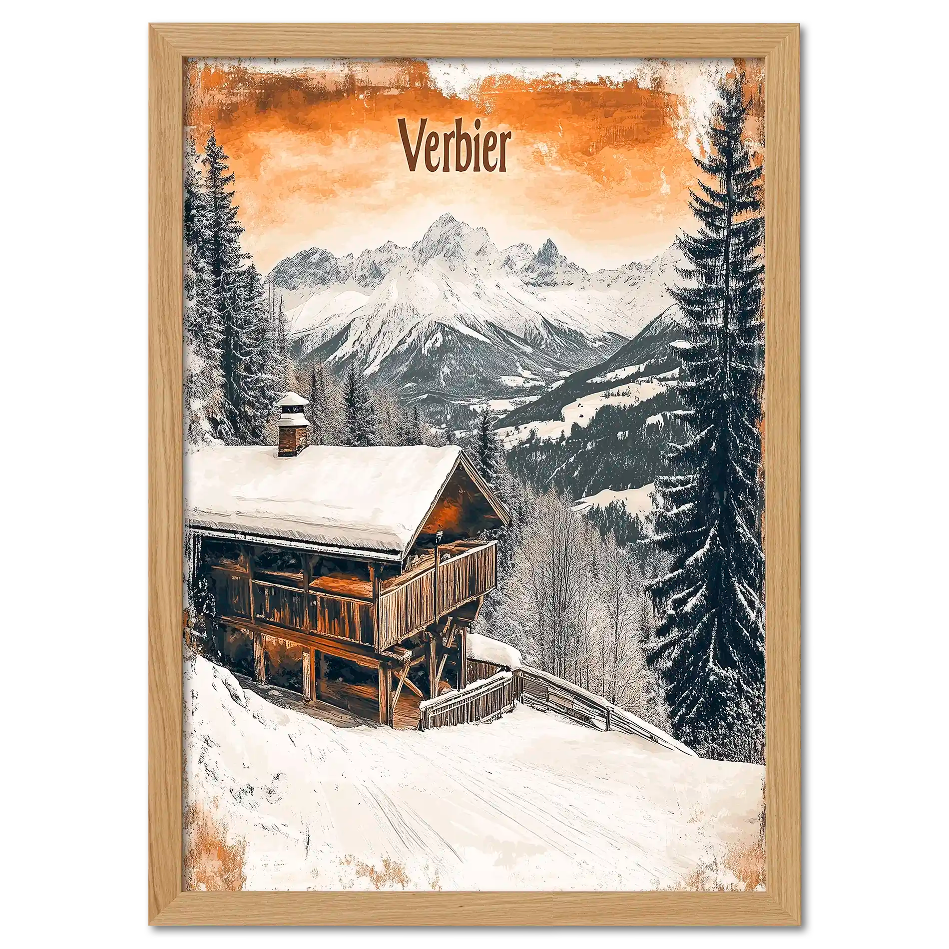 Verbier - Winter Retreat - Poster featuring a snowy chalet with mountains in the background and warm light.