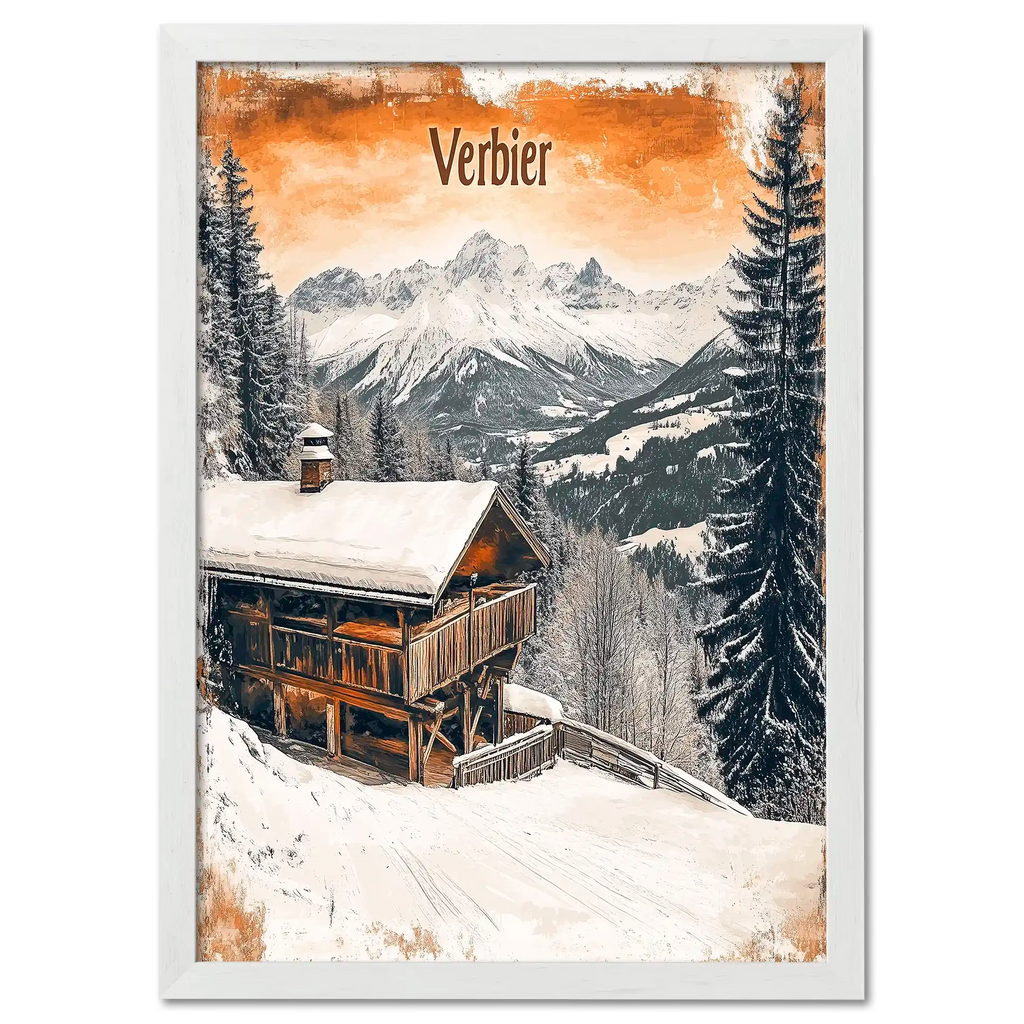 Verbier - Winter Retreat - Poster showcasing a cozy chalet on a snowy slope with mountain views.