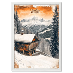Verbier - Winter Retreat - Poster showcasing a cozy chalet on a snowy slope with mountain views.