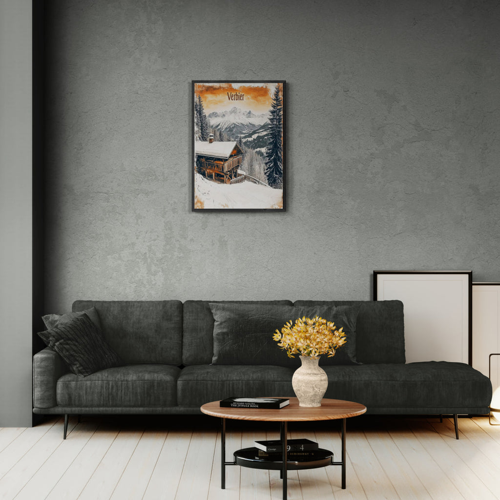 Verbier - Winter Retreat - Poster displayed in a modern living room with a cozy ambiance.