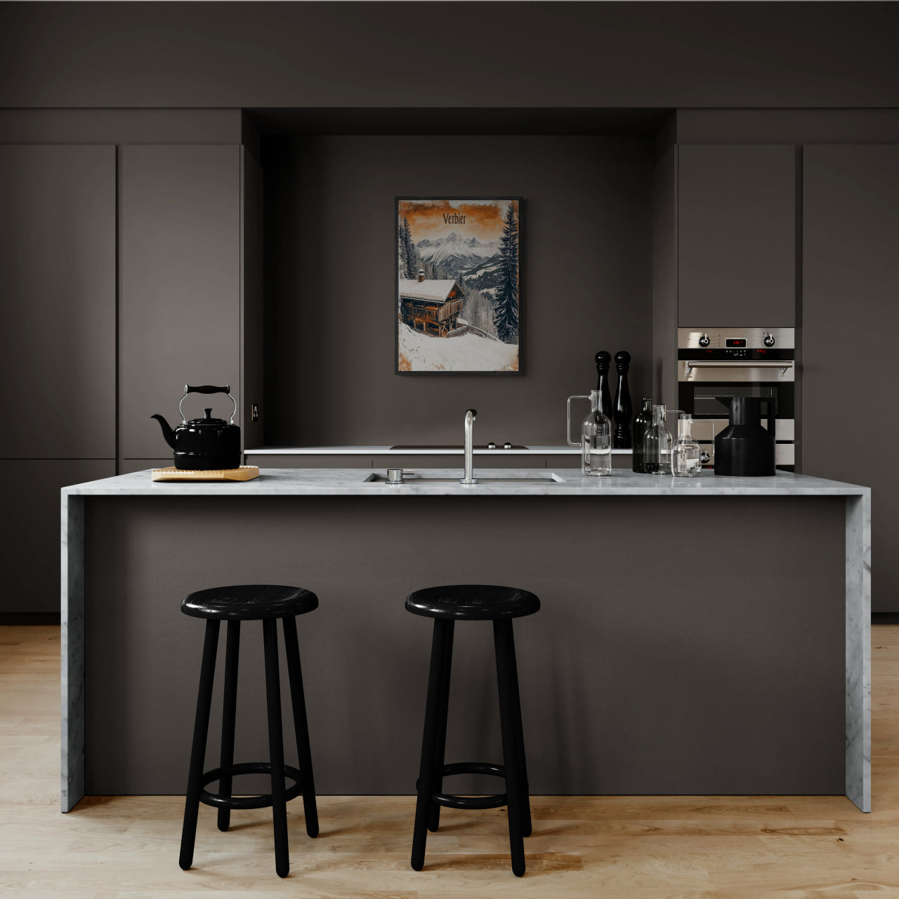 Verbier - Winter Retreat - Poster displayed in a modern kitchen with a marble countertop and black stools.