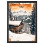 Verbier - Winter Retreat - Poster featuring a snowy chalet and mountain views in warm tones.