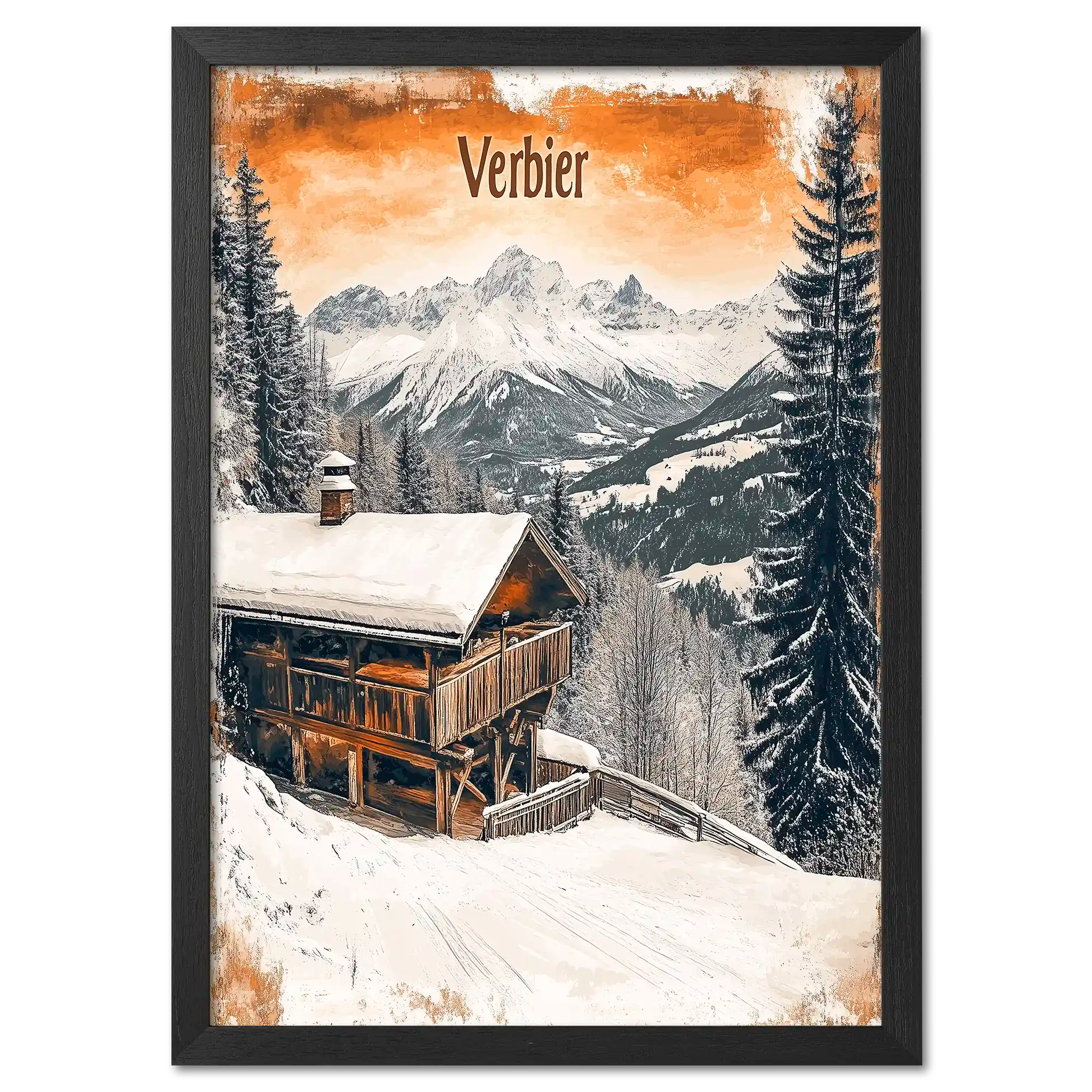 Verbier - Winter Retreat - Poster featuring a snowy chalet and mountain views in warm tones.