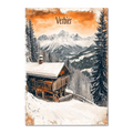 Verbier - Winter Retreat - Poster depicting a snowy chalet with mountain views and warm tones in winter.