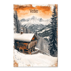 Verbier - Winter Retreat - Poster depicting a snowy chalet with mountain views and warm tones in winter.