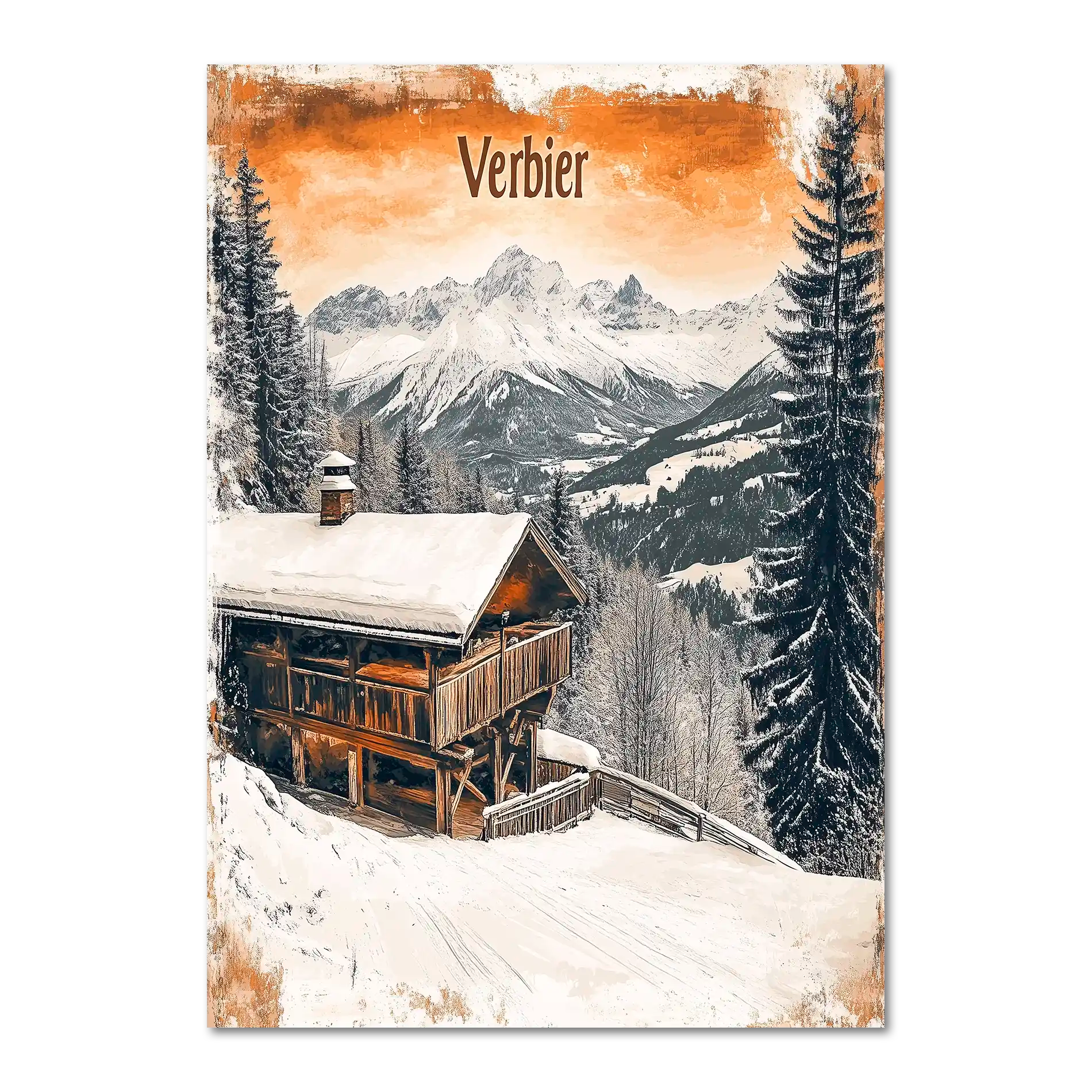Verbier - Winter Retreat - Poster depicting a snowy chalet with mountain views and warm tones in winter.