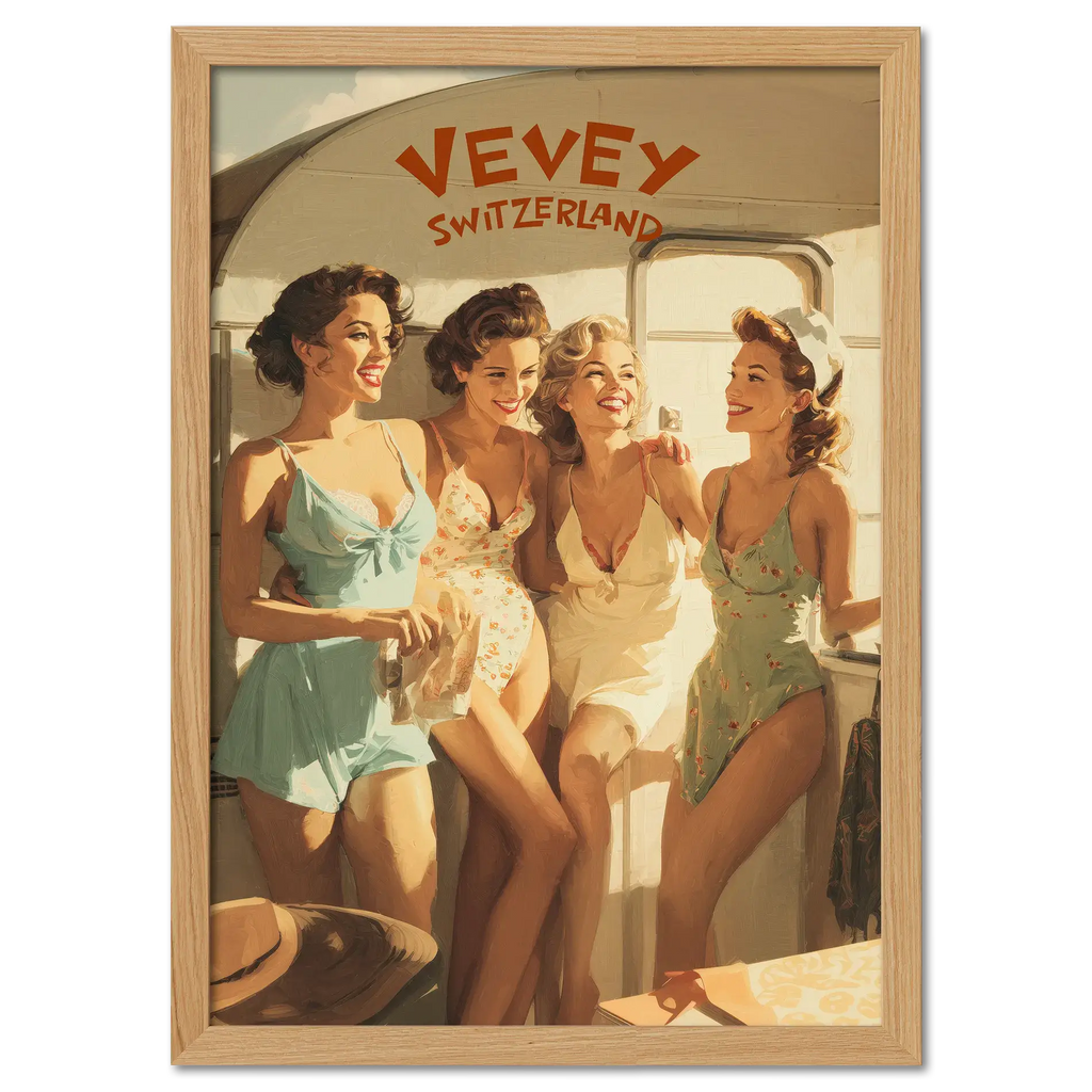 Vevey Lakeside Kiosk – Poster featuring four women enjoying summer by the water in vintage swimsuits.