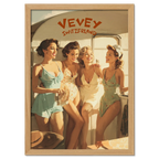 Vevey Lakeside Kiosk – Poster featuring four women enjoying summer by the water in vintage swimsuits.