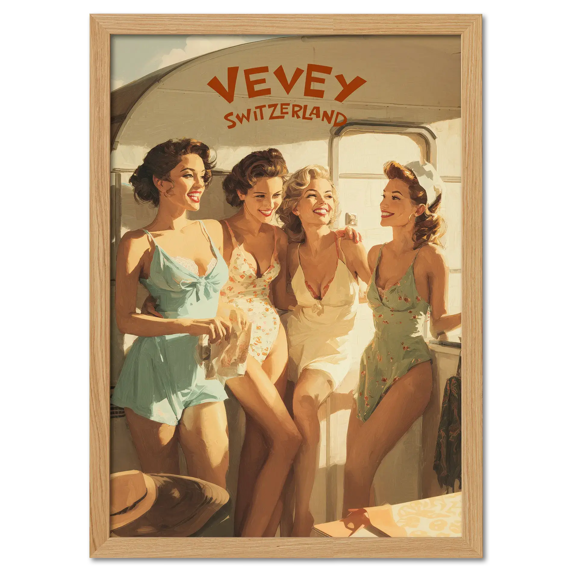 Vevey Lakeside Kiosk – Poster featuring four women enjoying summer by the water in vintage swimsuits.