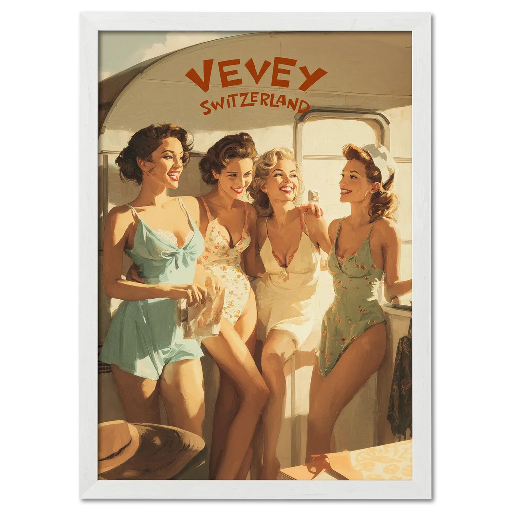 Vevey Lakeside Kiosk – Poster featuring four women in vintage swimsuits enjoying summer by the lake.