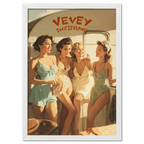 Vevey Lakeside Kiosk – Poster featuring four women in vintage swimsuits enjoying summer by the lake.