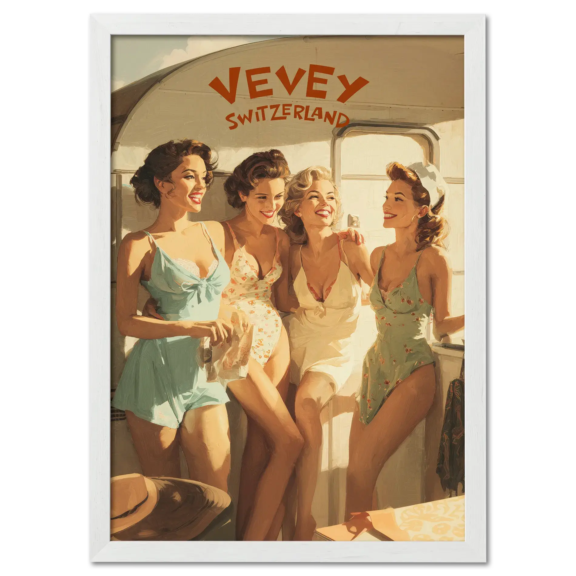 Vevey Lakeside Kiosk – Poster featuring four women in vintage swimsuits enjoying summer by the lake.