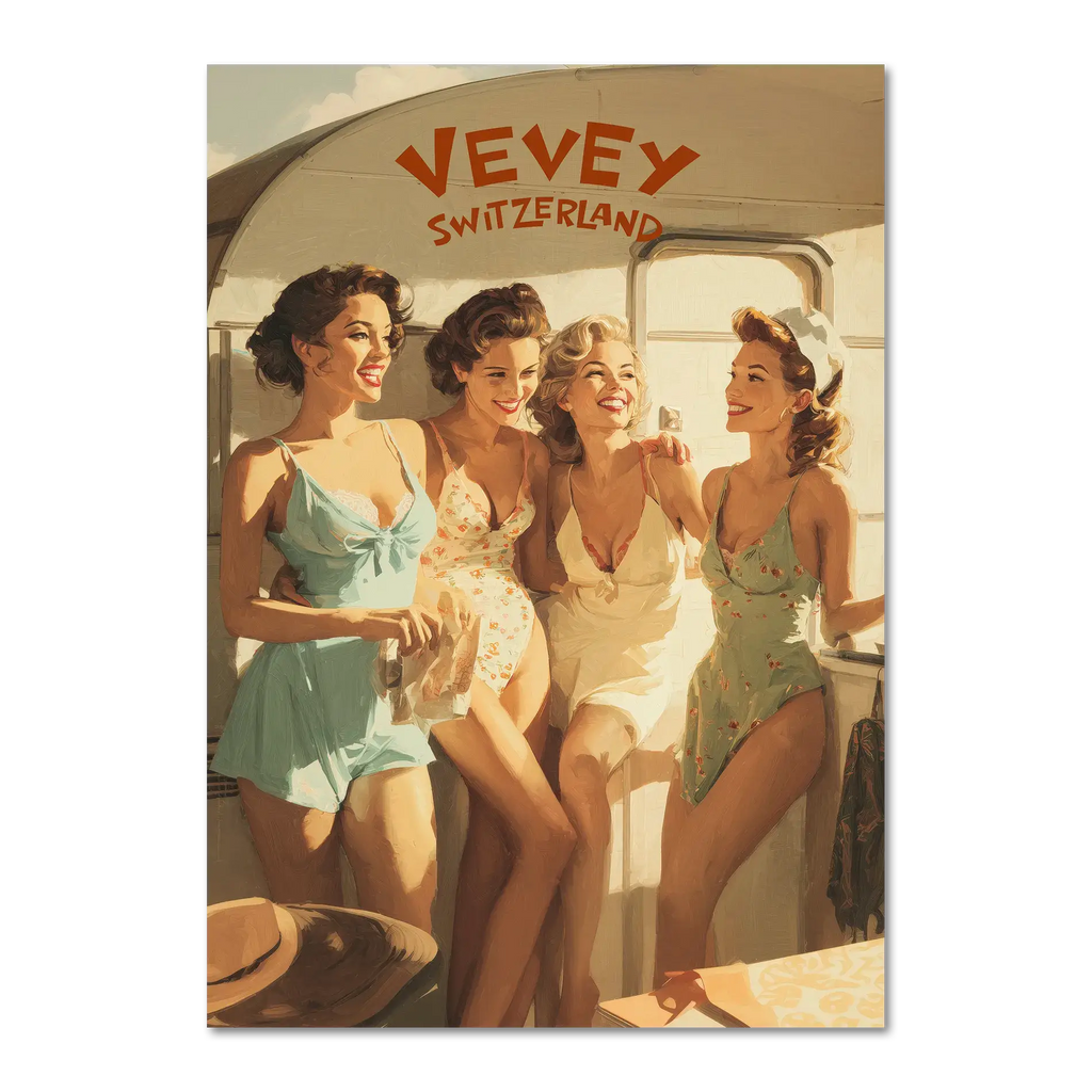 Vevey Lakeside Kiosk – Poster featuring four women in vintage swimsuits enjoying summer by the lake.