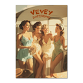 Vevey Lakeside Kiosk – Poster featuring four women in vintage swimsuits enjoying summer by the lake.