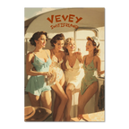 Vevey Lakeside Kiosk – Poster featuring four women in vintage swimsuits enjoying summer by the lake.