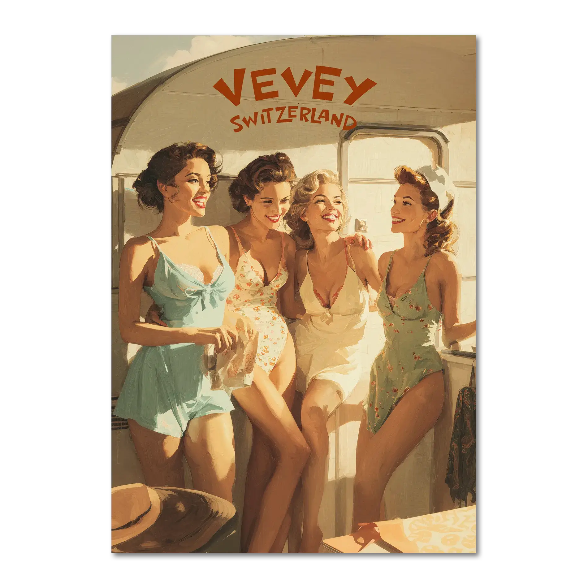 Vevey Lakeside Kiosk – Poster featuring four women in vintage swimsuits enjoying summer by the lake.