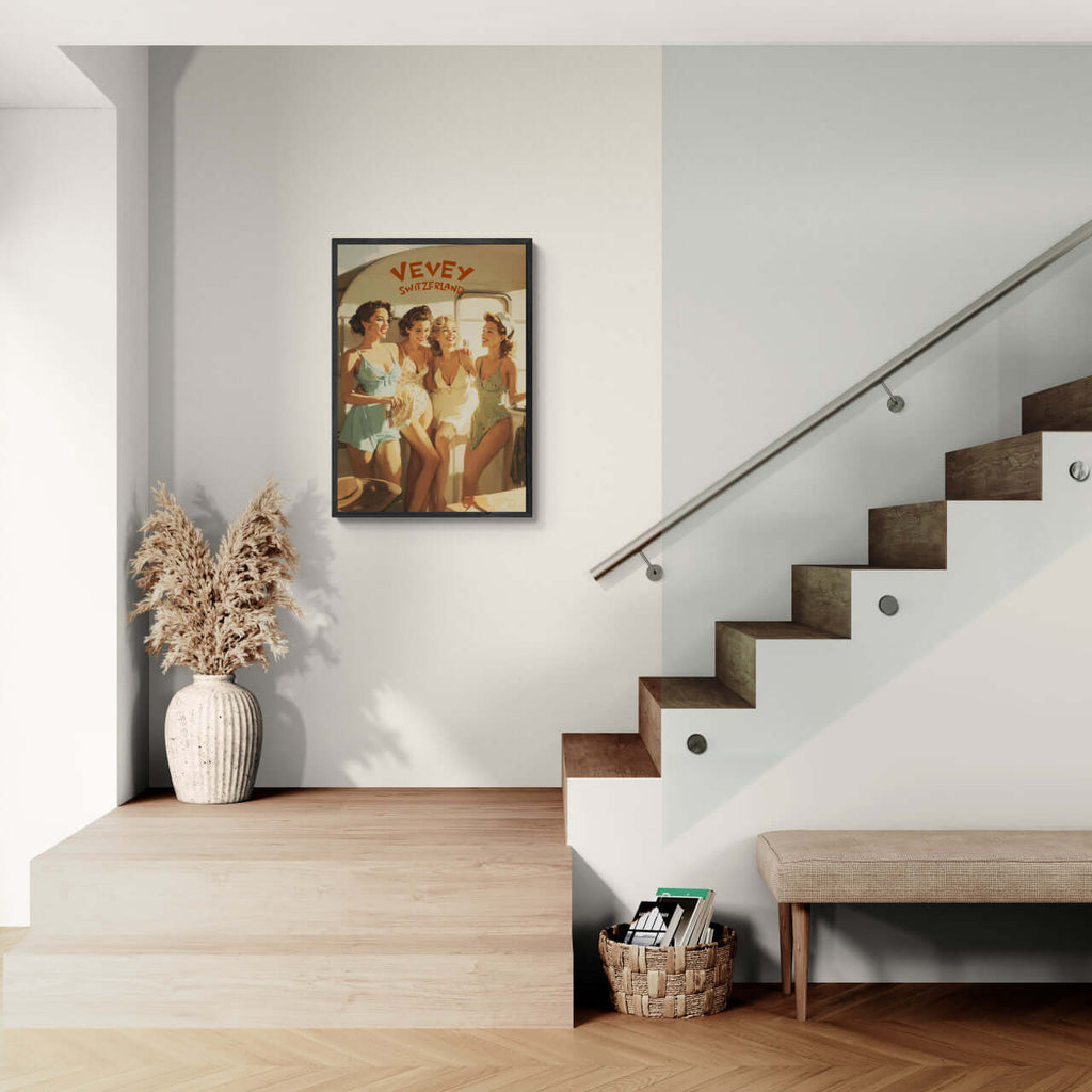 Vevey Lakeside Kiosk – Poster framed on wall in modern living space with stairs, showcasing summer joy and elegance.