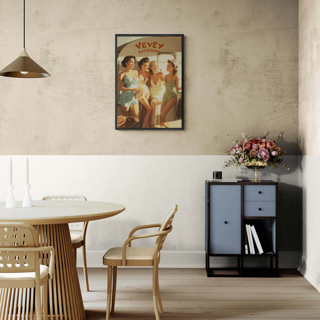 Vevey Lakeside Kiosk – Poster displayed in a modern dining area, showcasing joyful summer vibes and wall art.