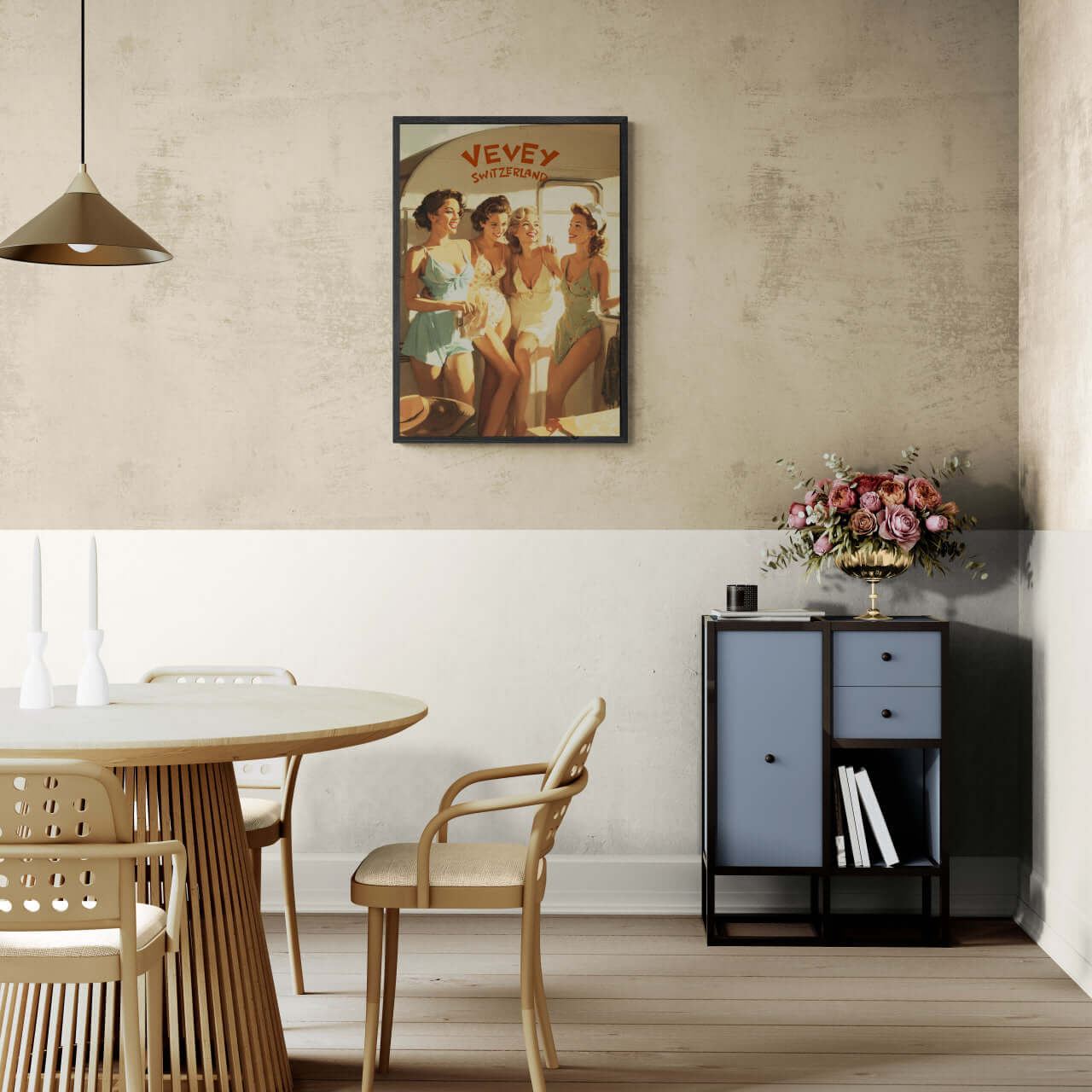 Vevey Lakeside Kiosk – Poster displayed in a modern dining area, showcasing joyful summer vibes and wall art.