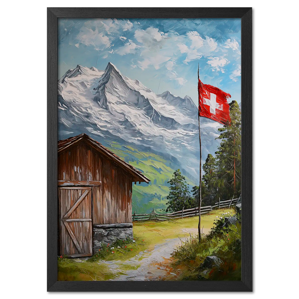 Villars-sur-Ollon - Poster featuring a Swiss cottage and flag in a serene alpine landscape.