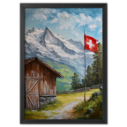 Villars-sur-Ollon - Poster featuring a Swiss cottage and flag in a serene alpine landscape.