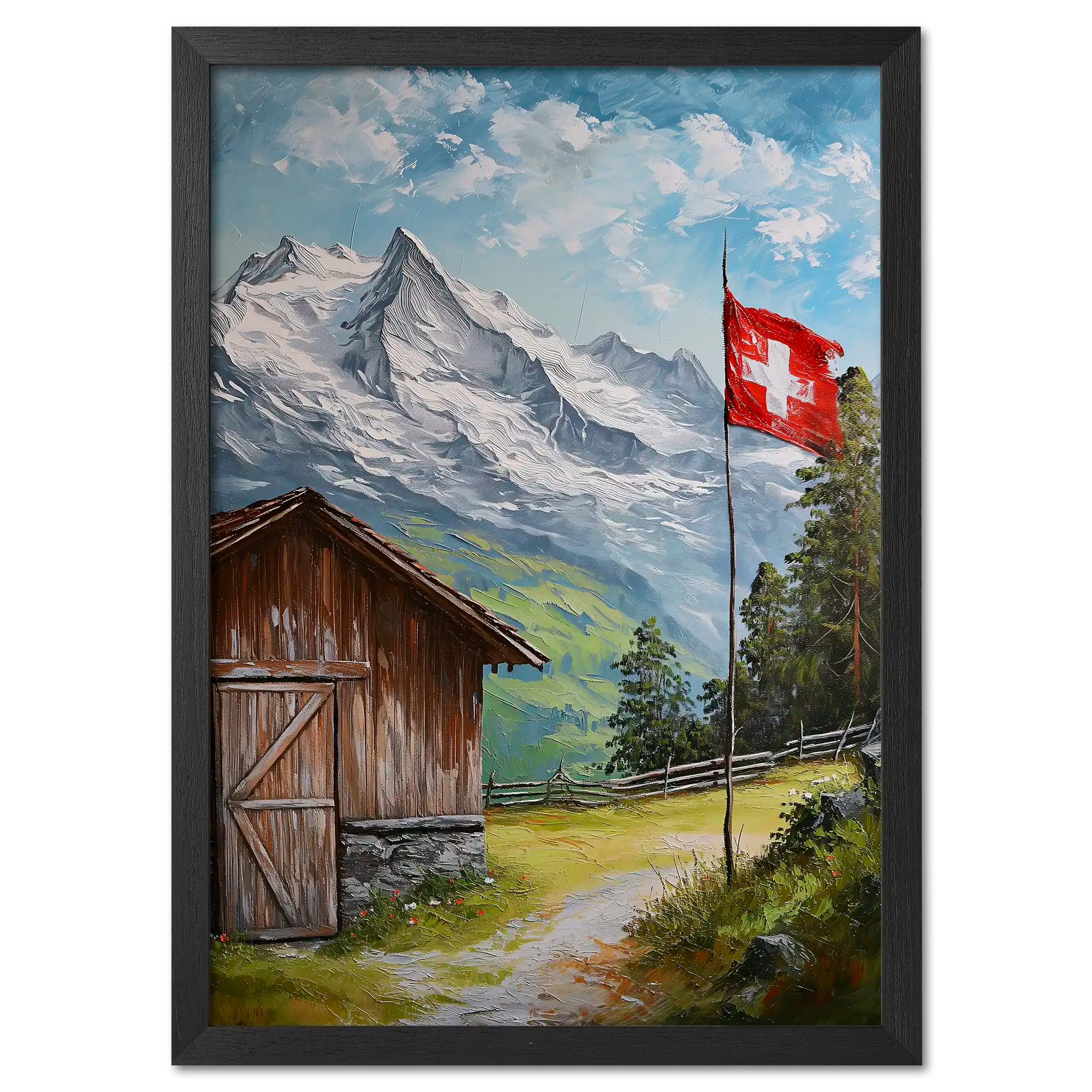 Villars-sur-Ollon - Poster featuring a Swiss cottage and flag in a serene alpine landscape.