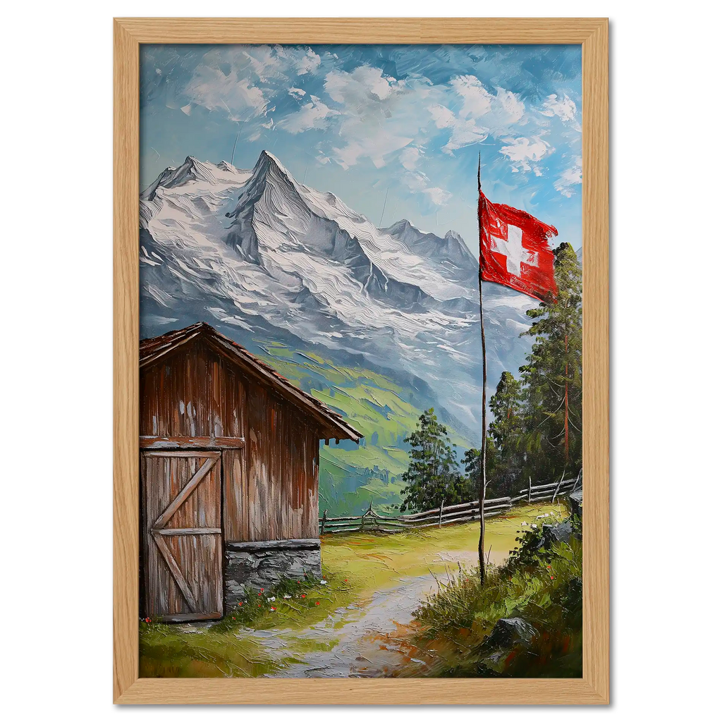 Villars-sur-Ollon - Poster showcasing a Swiss cottage with a flag against snowy mountains.