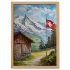 Villars-sur-Ollon - Poster showcasing a Swiss cottage with a flag against snowy mountains.