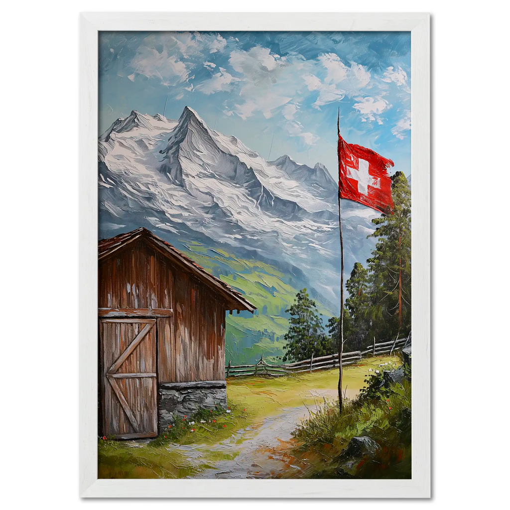 Villars-sur-Ollon - Poster featuring a Swiss cottage, snowy peaks, and a waving red Swiss flag in a peaceful alpine landscape.