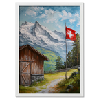 Villars-sur-Ollon - Poster featuring a Swiss cottage, snowy peaks, and a waving red Swiss flag in a peaceful alpine landscape.