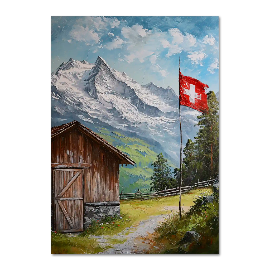 Villars-sur-Ollon - Poster featuring a Swiss cottage and mountain landscape with a waving Swiss flag.