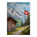 Villars-sur-Ollon - Poster featuring a Swiss cottage and mountain landscape with a waving Swiss flag.