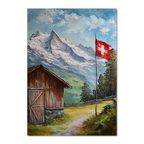 Villars-sur-Ollon - Poster featuring a Swiss cottage and mountain landscape with a waving Swiss flag.