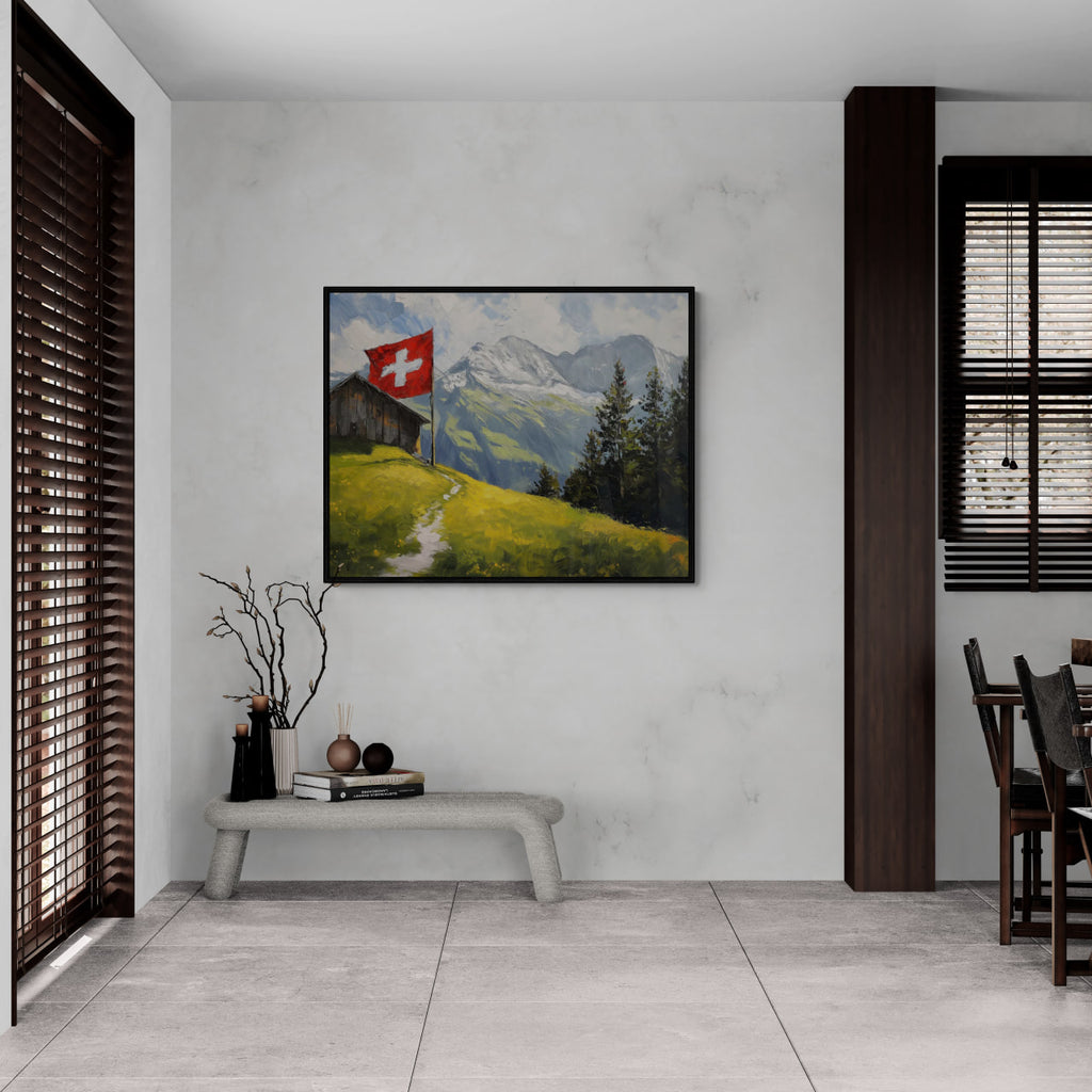 Villars-sur-Ollon - Poster showcasing a Swiss landscape with a cottage and flag in a modern interior.