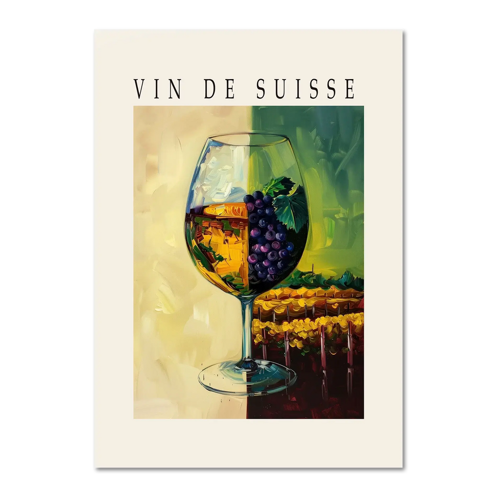 Wine is the blessing of the earth - Poster featuring a wine glass, ripe grapes, and vintage 'VIN DE SUISSE' text.