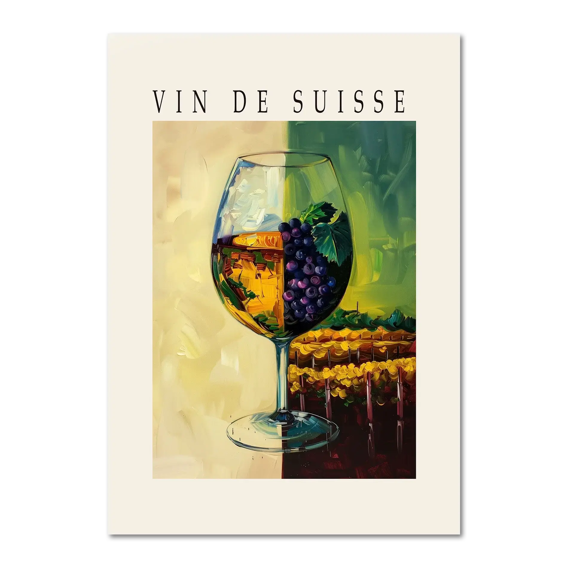 Wine is the blessing of the earth - Poster featuring a wine glass, ripe grapes, and vintage 'VIN DE SUISSE' text.