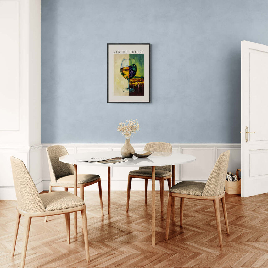 Wine is the blessing of the earth - Poster displayed in a stylish dining room setting with modern furniture.