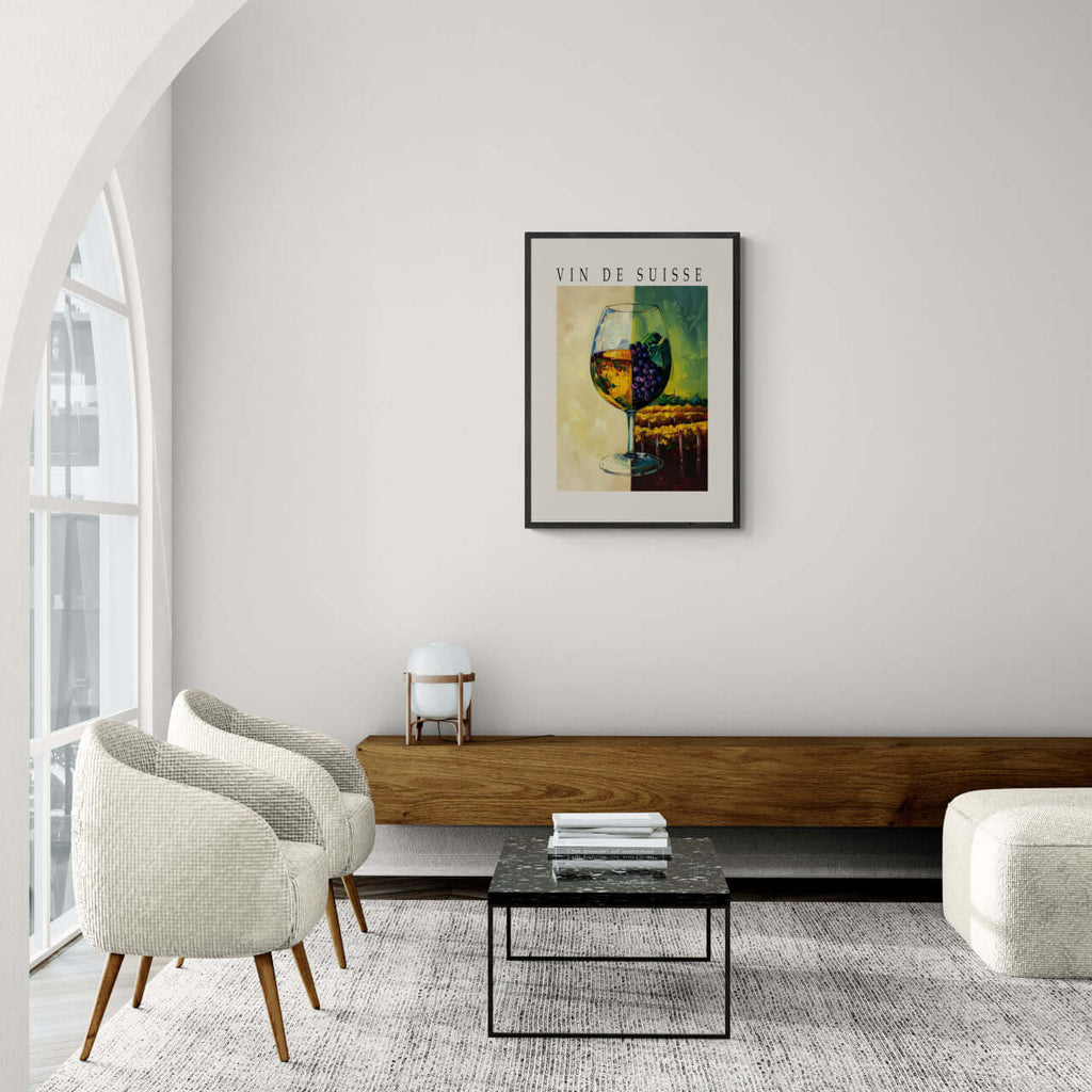 Wine is the blessing of the earth - Poster displayed in a modern living room with elegant decor.