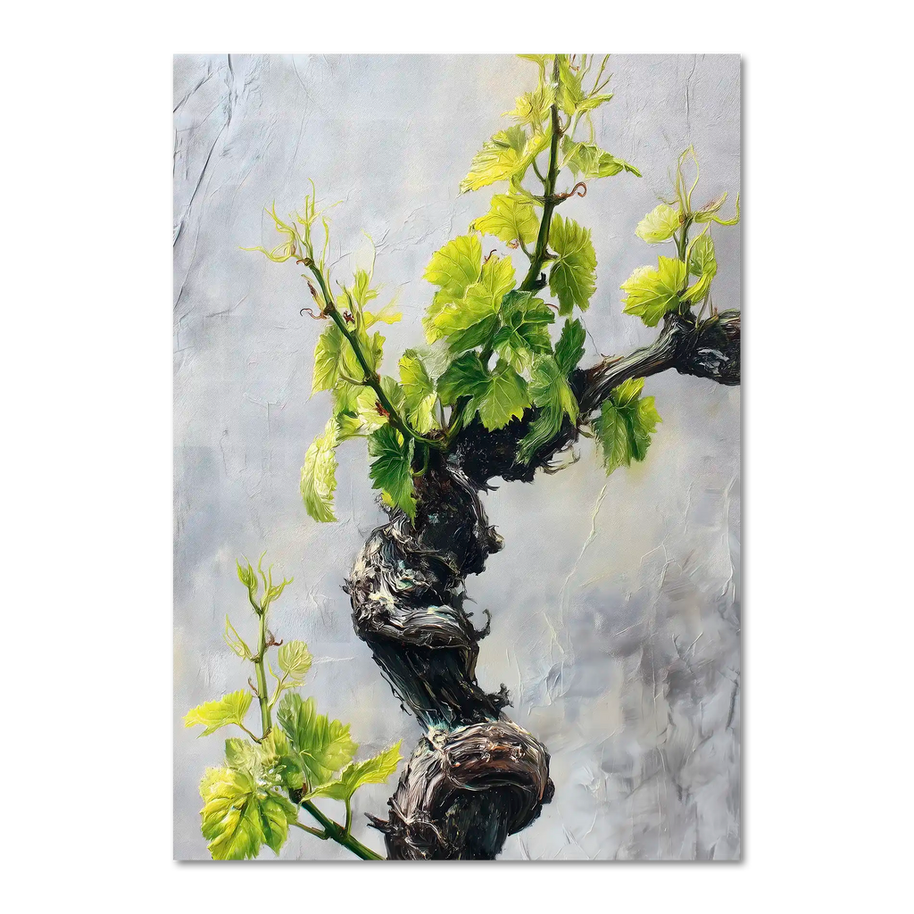 Vine Awakening, Alpine Wall - Poster featuring a twisted alpine vine with fresh green leaves on a textured stone wall.