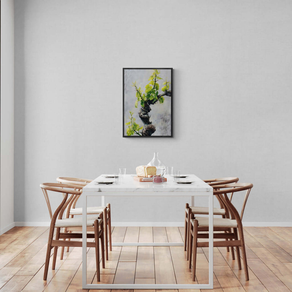 Vine Awakening, Alpine Wall - Poster displayed in a modern dining room with natural light and minimalist decor.