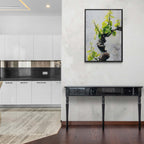 Vine Awakening, Alpine Wall - Poster displayed in modern kitchen, bright green leaves contrast with textured wall.