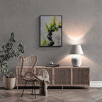 Vine Awakening, Alpine Wall - Poster displayed in modern interior with rattan chair and soft lighting.