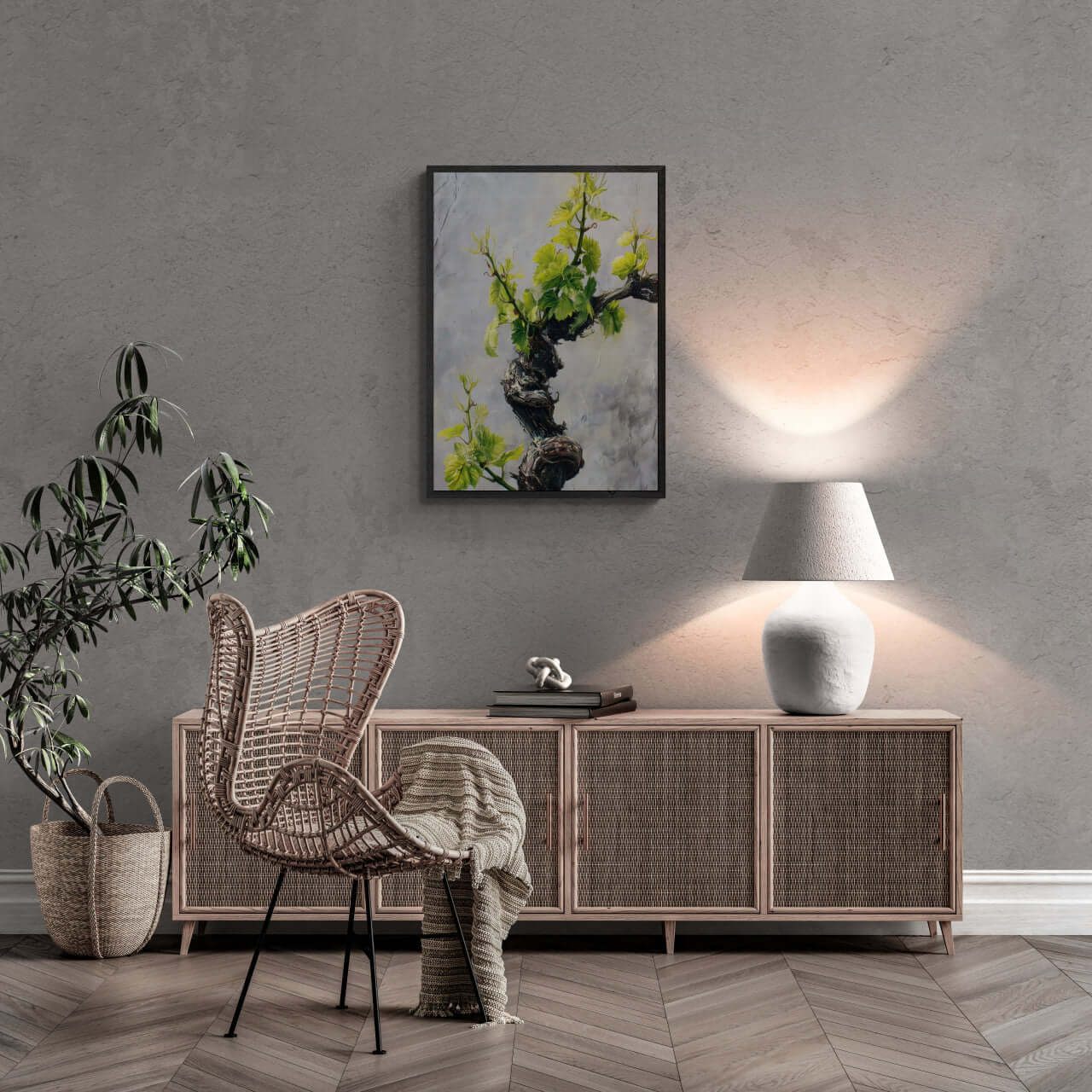 Vine Awakening, Alpine Wall - Poster displayed in modern interior with rattan chair and soft lighting.