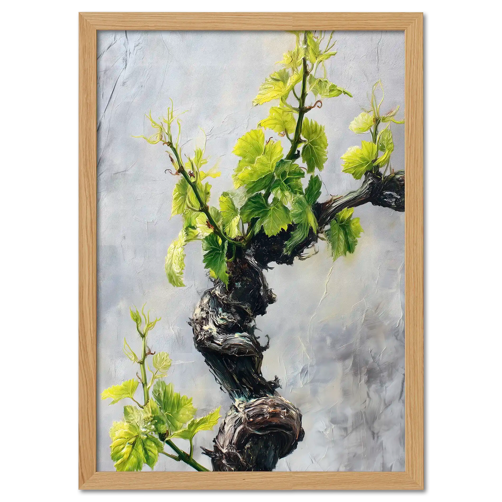 Vine Awakening, Alpine Wall - Poster showcasing twisted vine with fresh green leaves on a textured backdrop.