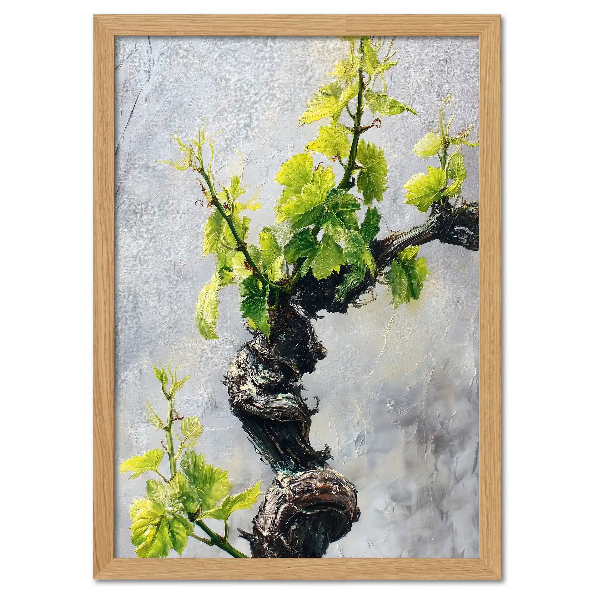 Vine Awakening, Alpine Wall - Poster showcasing twisted vine with fresh green leaves on a textured backdrop.