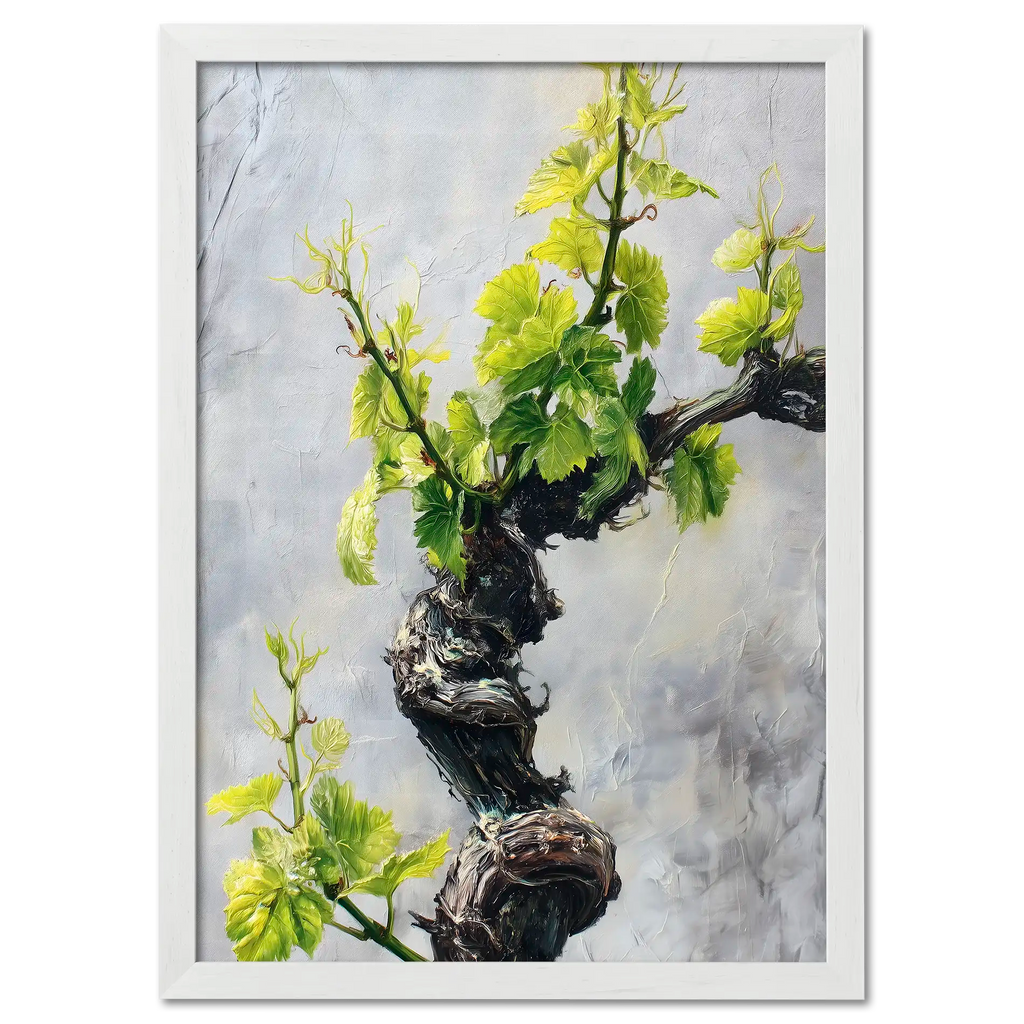 Vine Awakening, Alpine Wall - Poster featuring twisted vine and bright green leaves on a textured background.