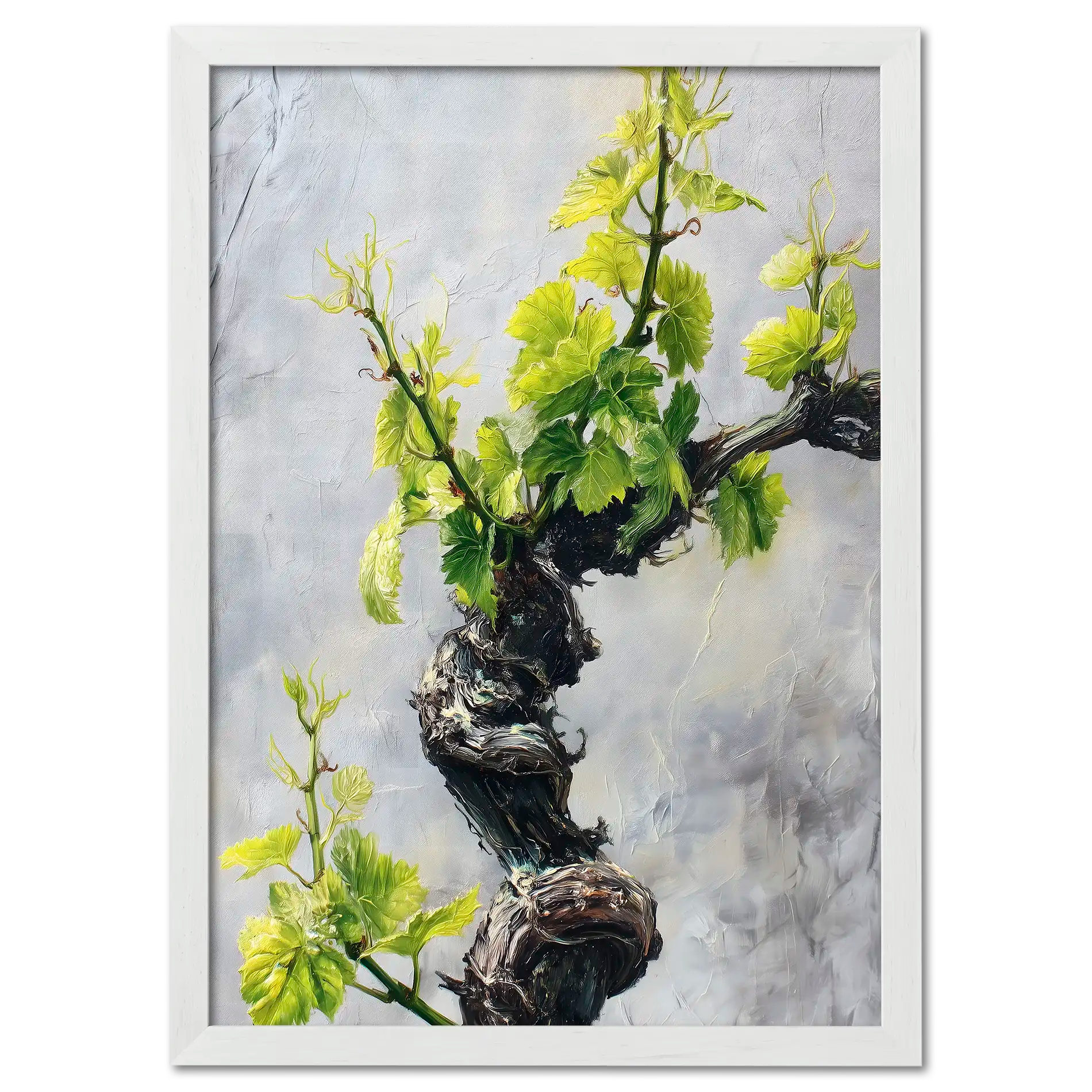 Vine Awakening, Alpine Wall - Poster featuring twisted vine and bright green leaves on a textured background.