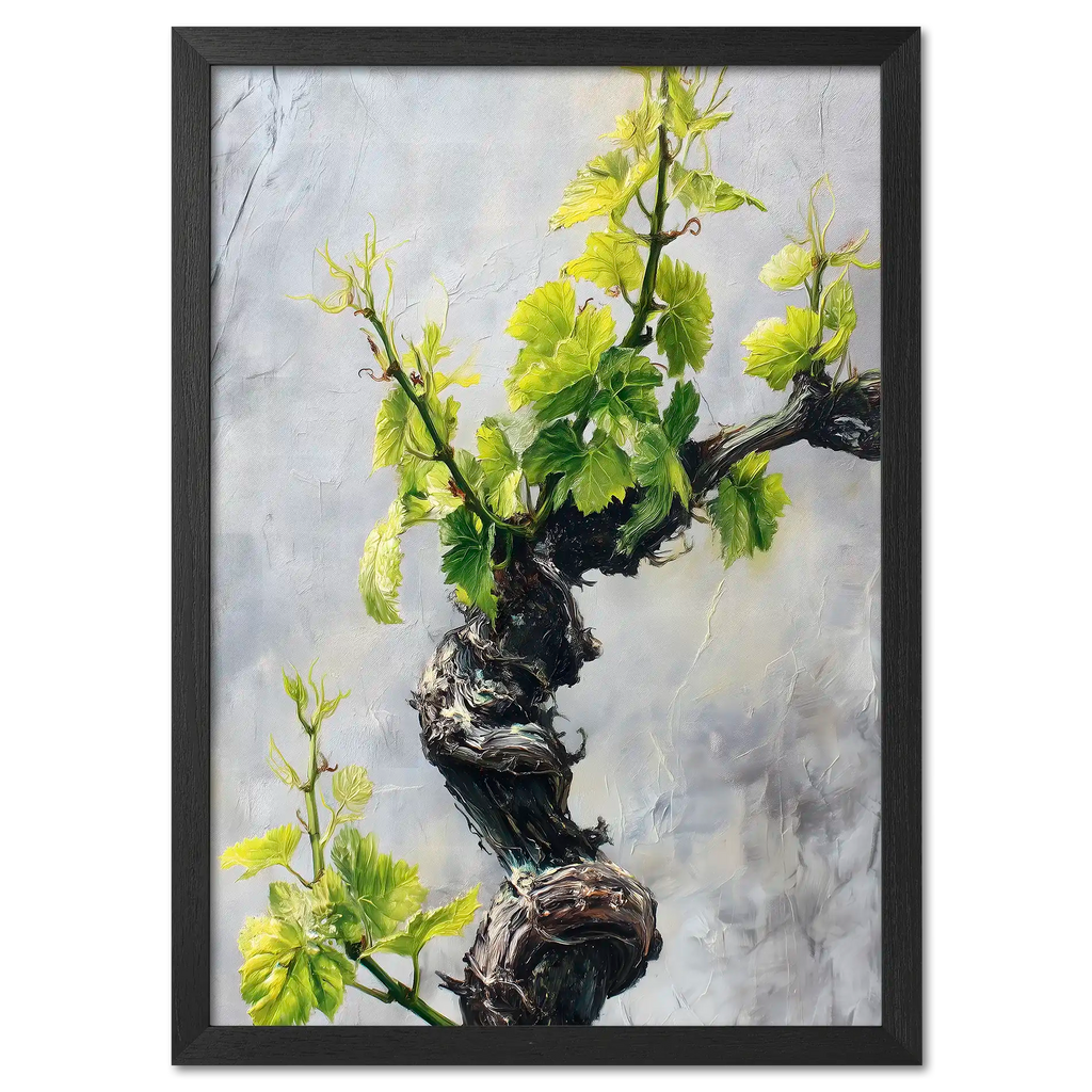 Vine Awakening, Alpine Wall - Poster featuring a twisted vine with green leaves emerging from a textured surface.