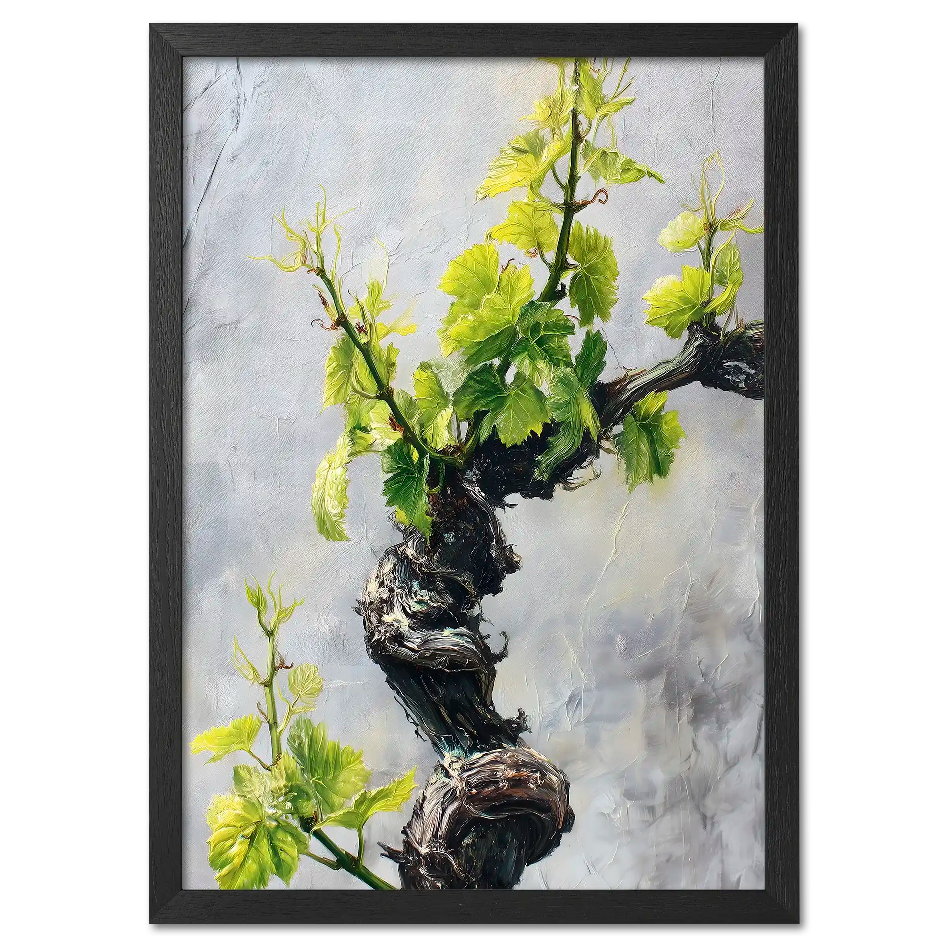 Vine Awakening, Alpine Wall - Poster featuring a twisted vine with green leaves emerging from a textured surface.